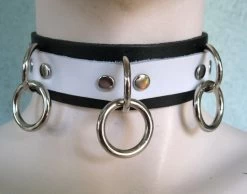 White On Black Leather Bondage Choker With 3 Rings