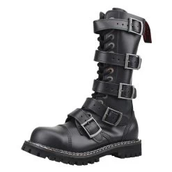 14-Hole 5-Buckle Black Leather Boots