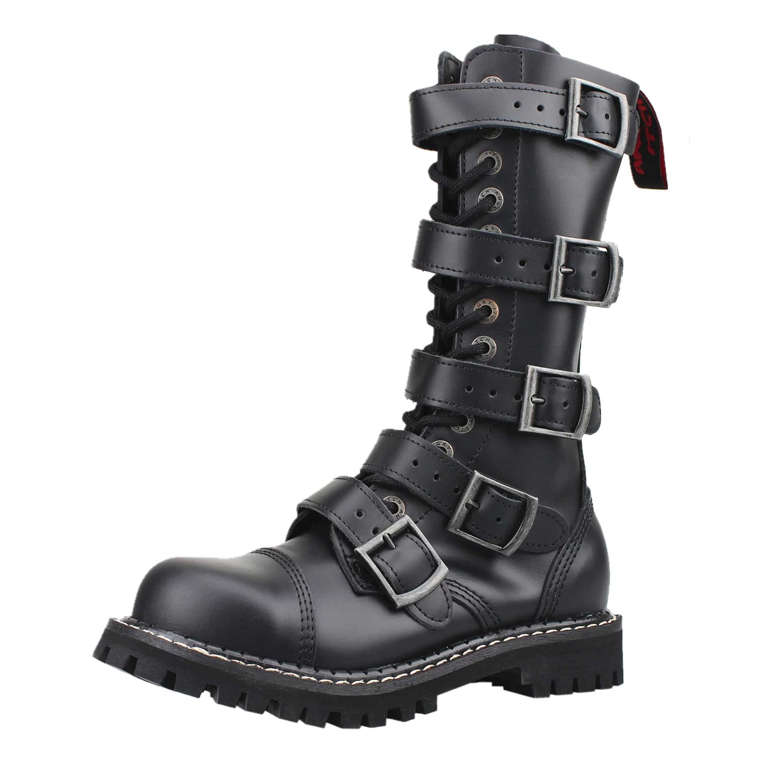 14-Hole 5-Buckle Black Leather Boots