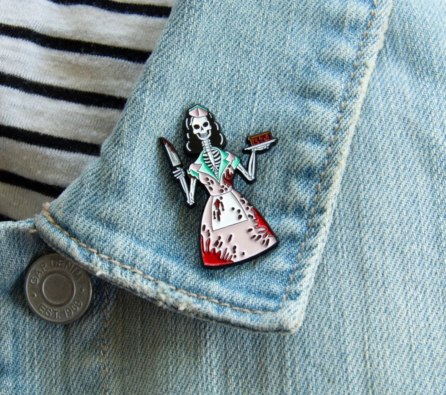 1950's Bloody Skeleton Waitress Horror Enamel Pin - Image 3