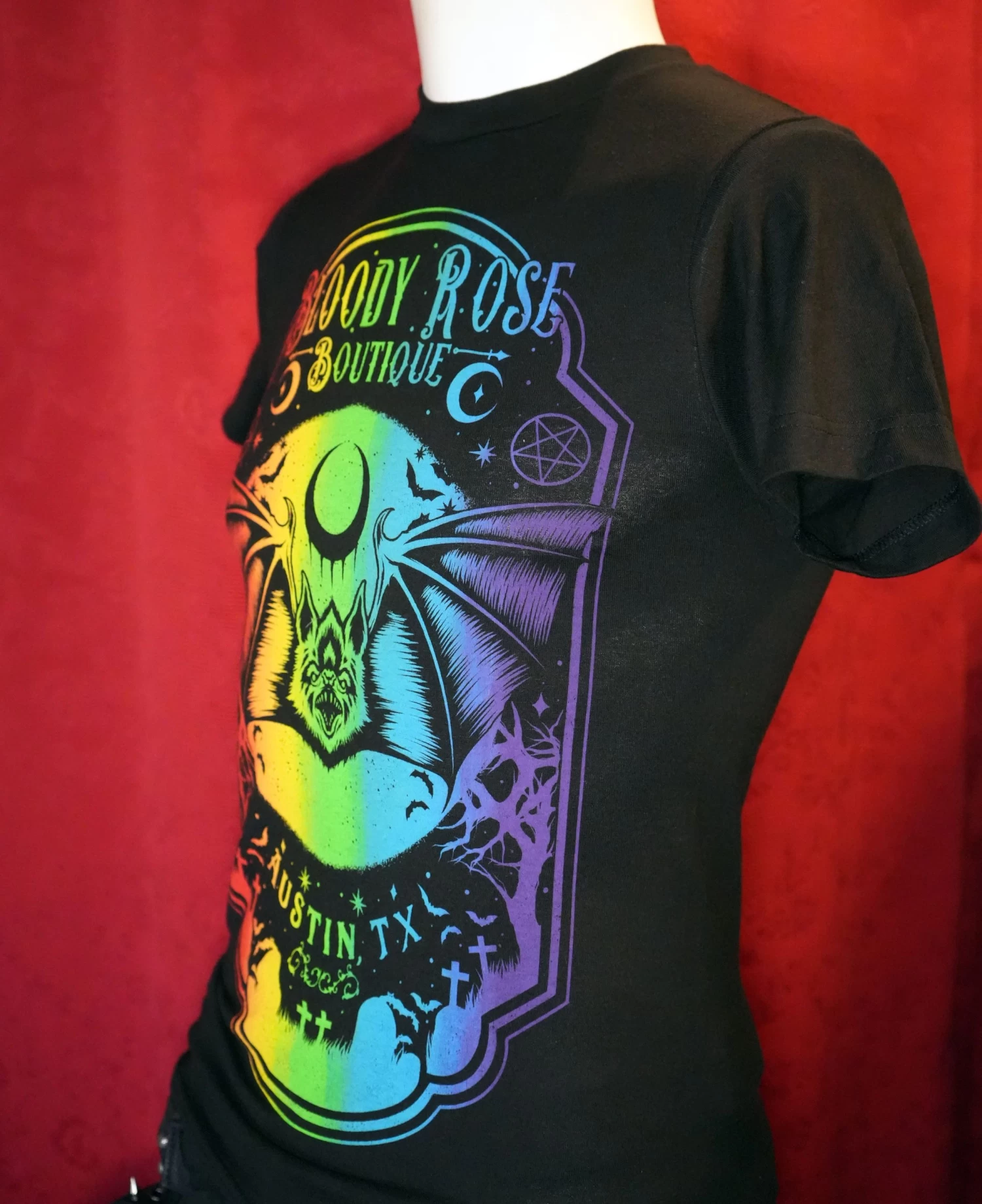 Bloody Rose Rainbow Pride Bat - Unisex T-Shirt - Image 4