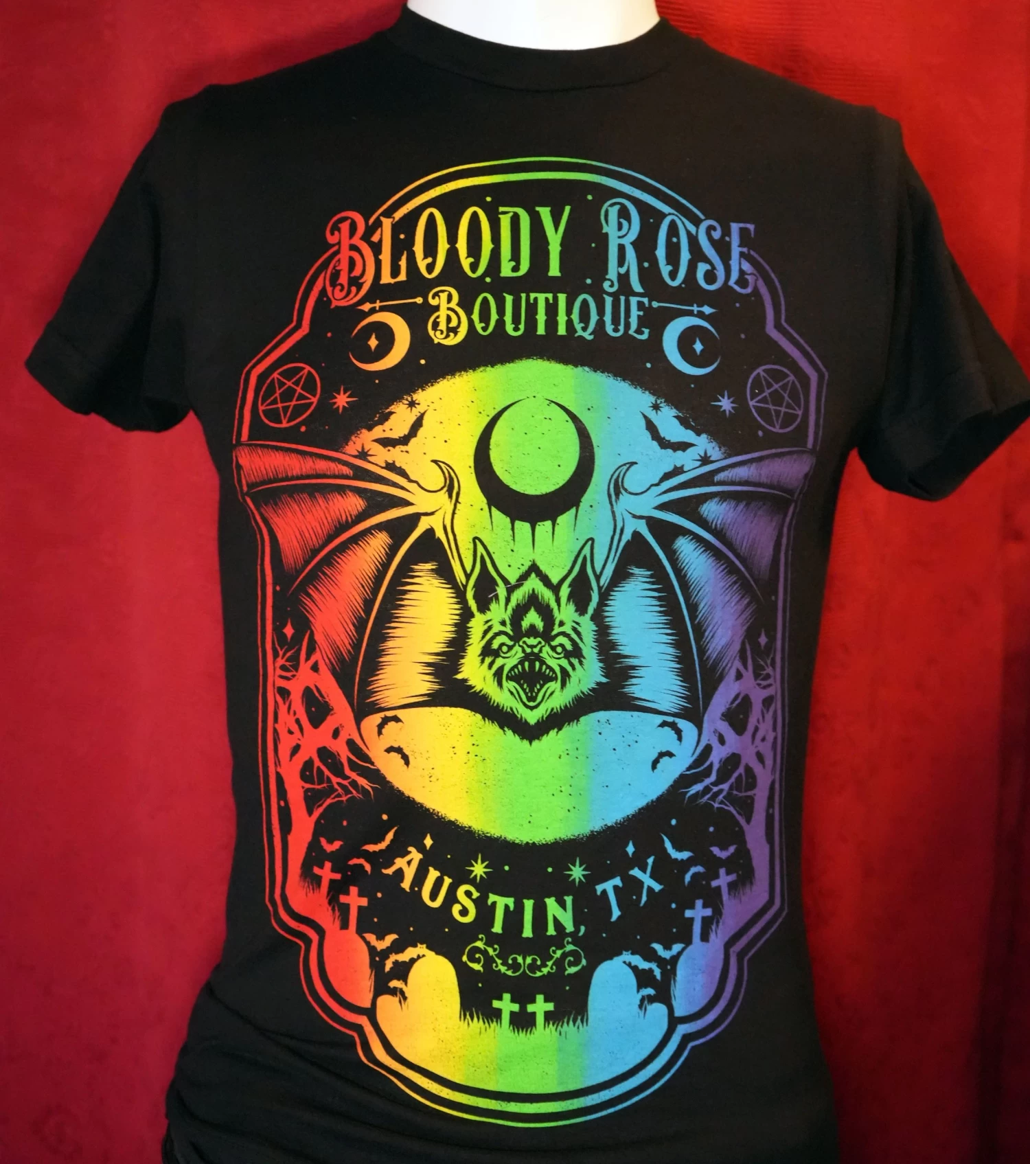 Bloody Rose Rainbow Pride Bat - Unisex T-Shirt - Image 3