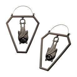 Black Plated Cut Out Bat In Coffin Plug Hoops