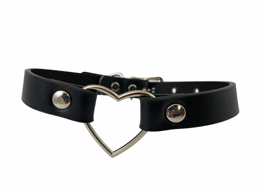 Large Heart Choker - Black Leather - Image 2