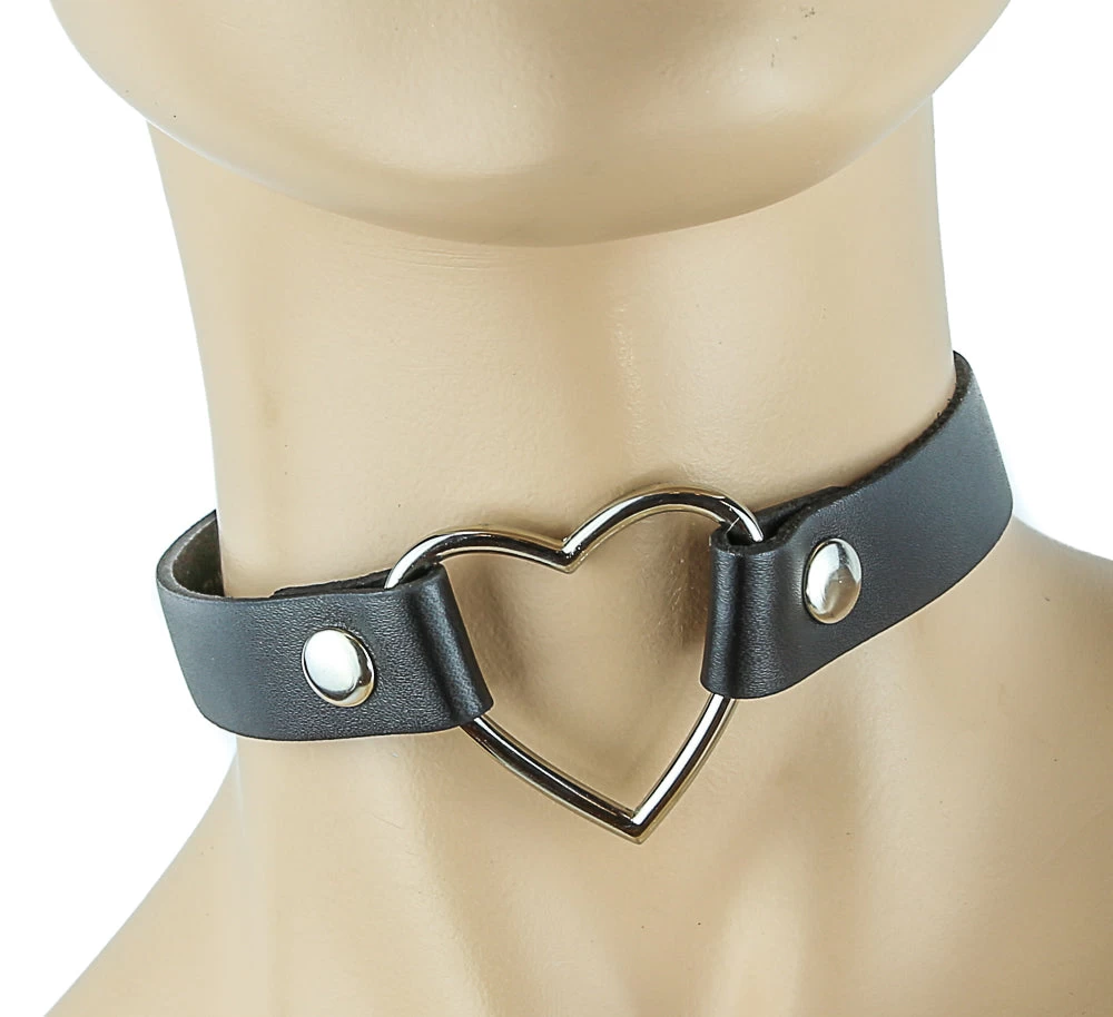 Large Heart Choker - Black Leather