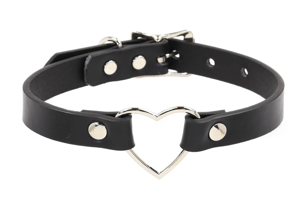 Large Heart Choker - Black Leather - Image 3