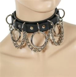 Black Leather 3 Ring Hanging Chain Choker