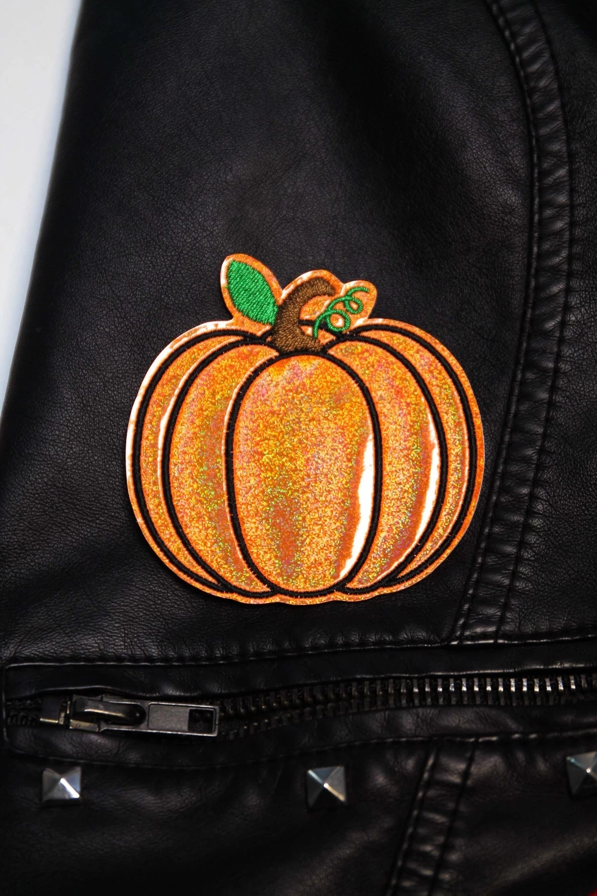 Orange Holographic Pumpkin Embroidered Iron On Patch - Image 2