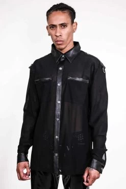 Long Sleeve Mesh Top With PU Details