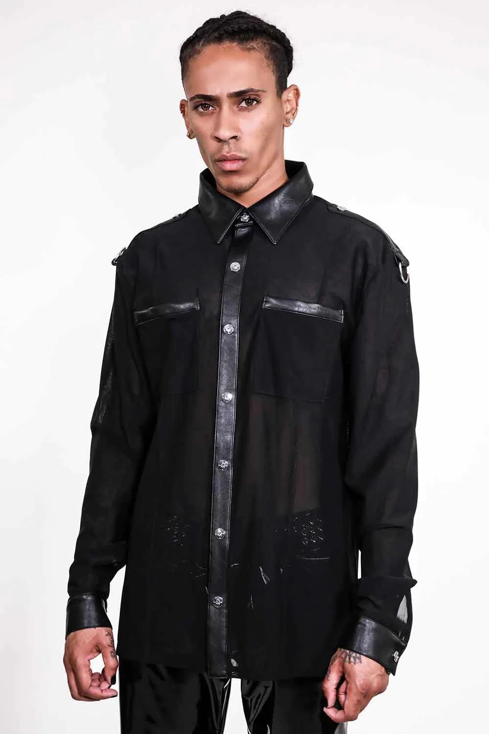 Long Sleeve Mesh Top With PU Details