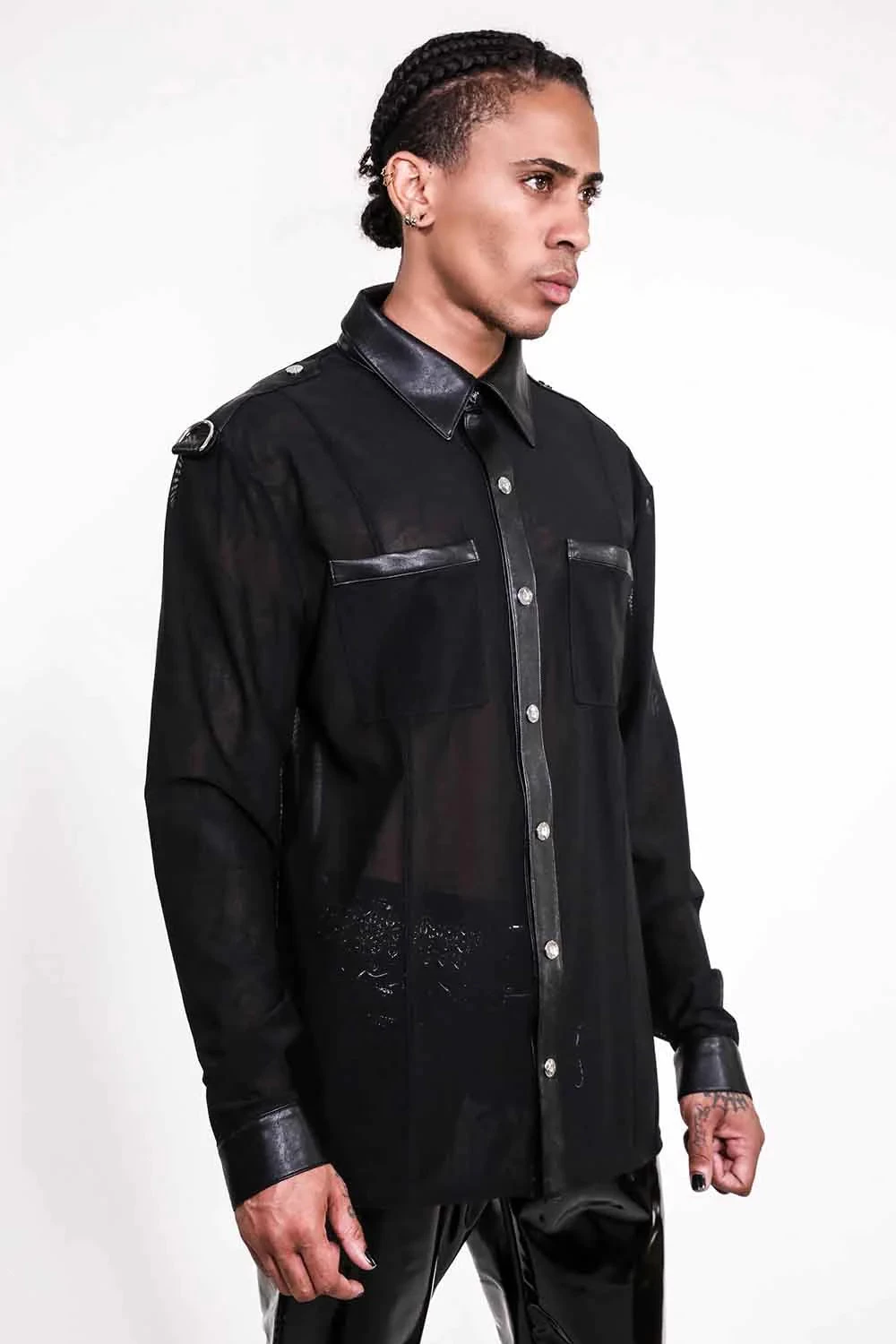 Long Sleeve Mesh Top With PU Details - Image 5