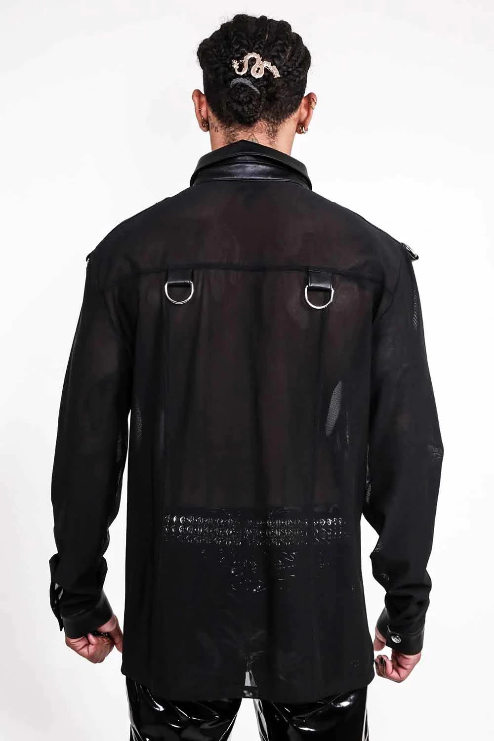 Long Sleeve Mesh Top With PU Details - Image 4