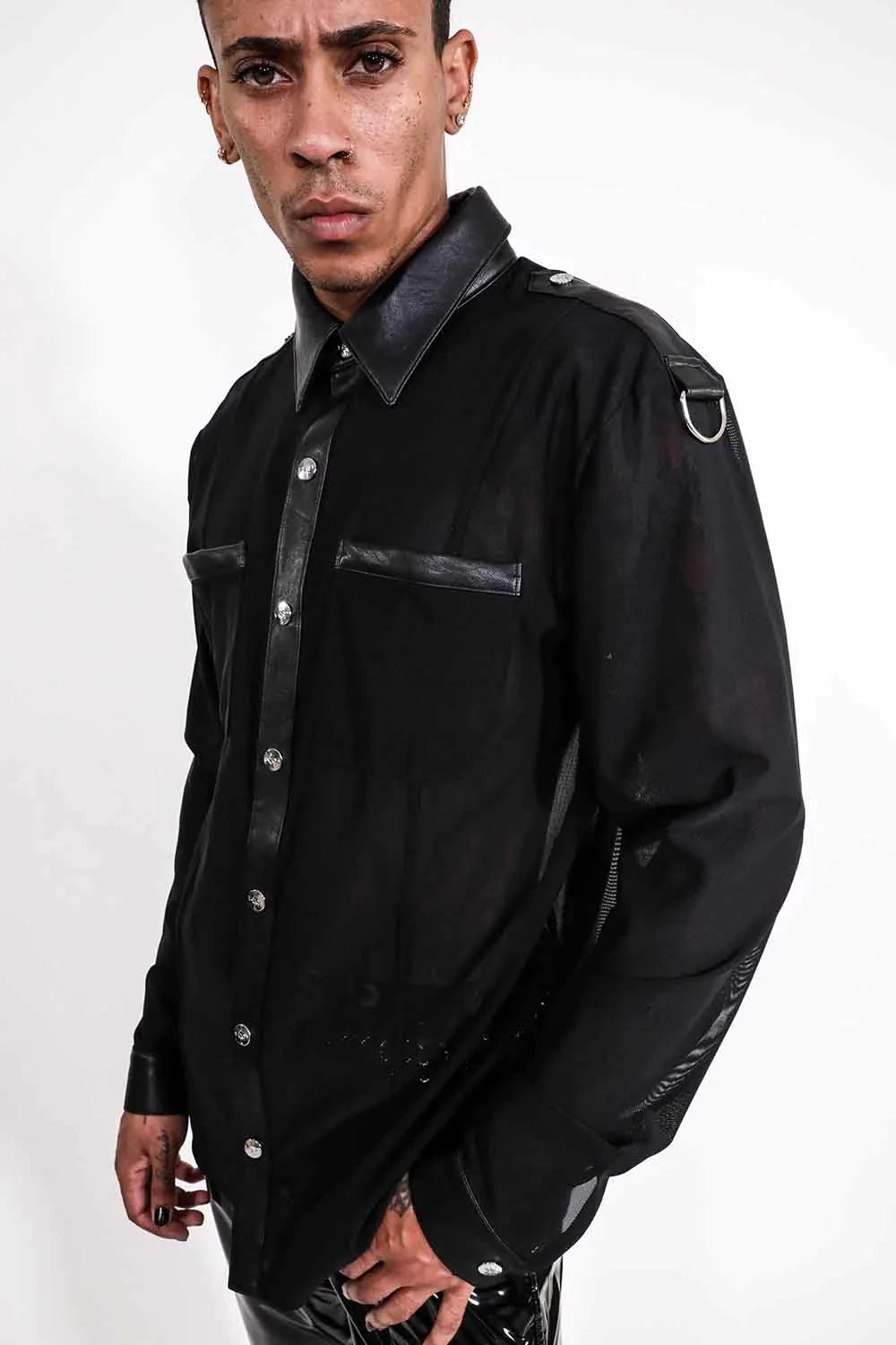 Long Sleeve Mesh Top With PU Details - Image 3