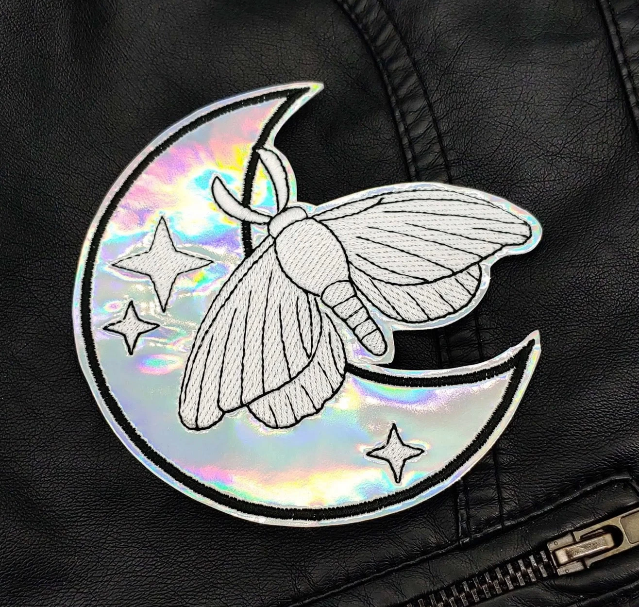 Moth And Moon Holographic Vinyl Iron On Embroidered Patch - Image 4