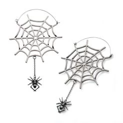 Stainless Steel With Silver Plated Spider Web And Dangling Spider Plug Hoops