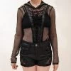 Gothic Hooded Lace-Up Fishnet Women's Shirt