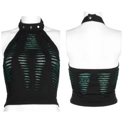 Grunge Ripped Skull Halter Top - Black & Green