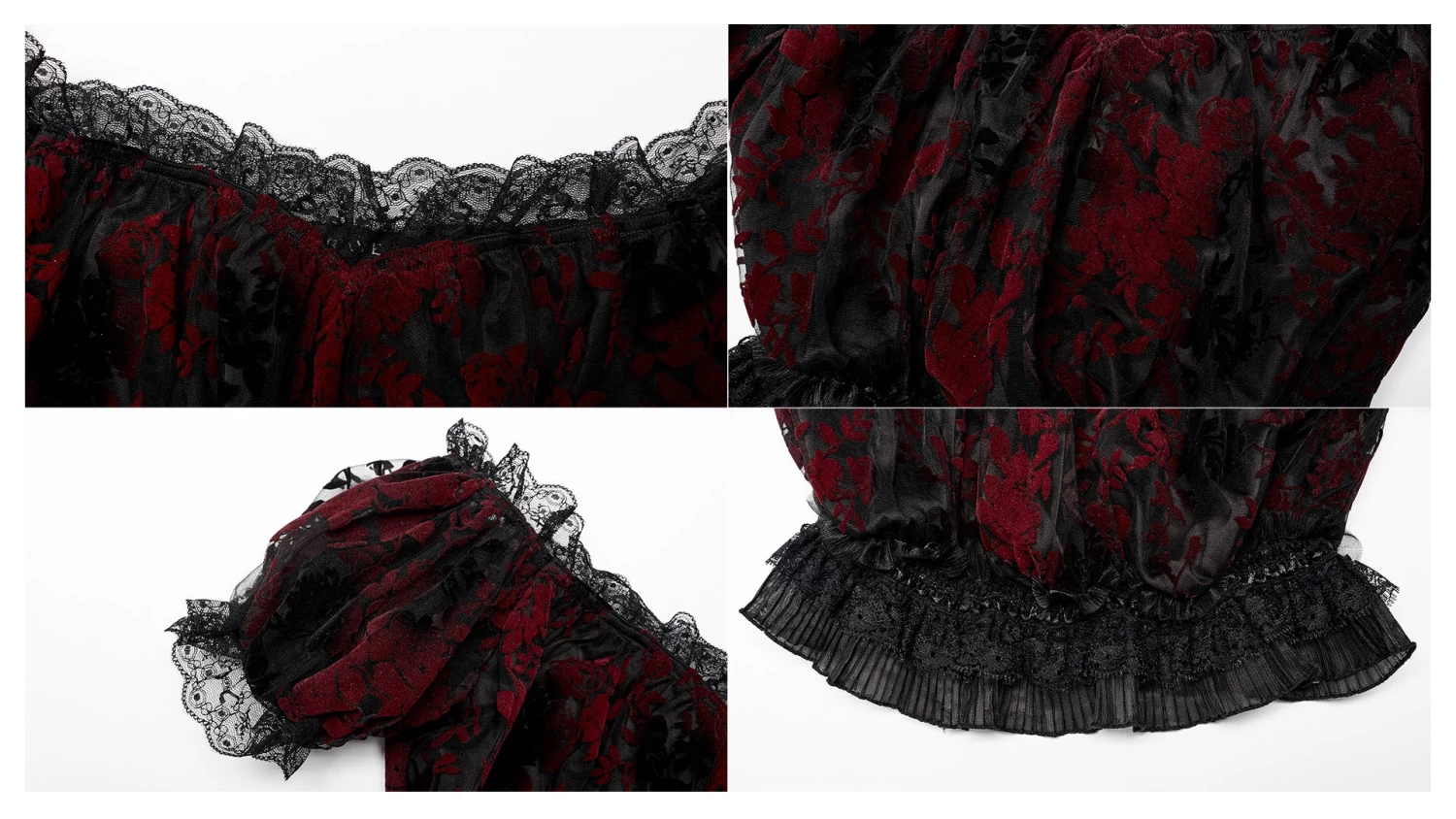 Gothic Off Shoulder Ruffles Sheer Shirt - Black & Red - Image 7