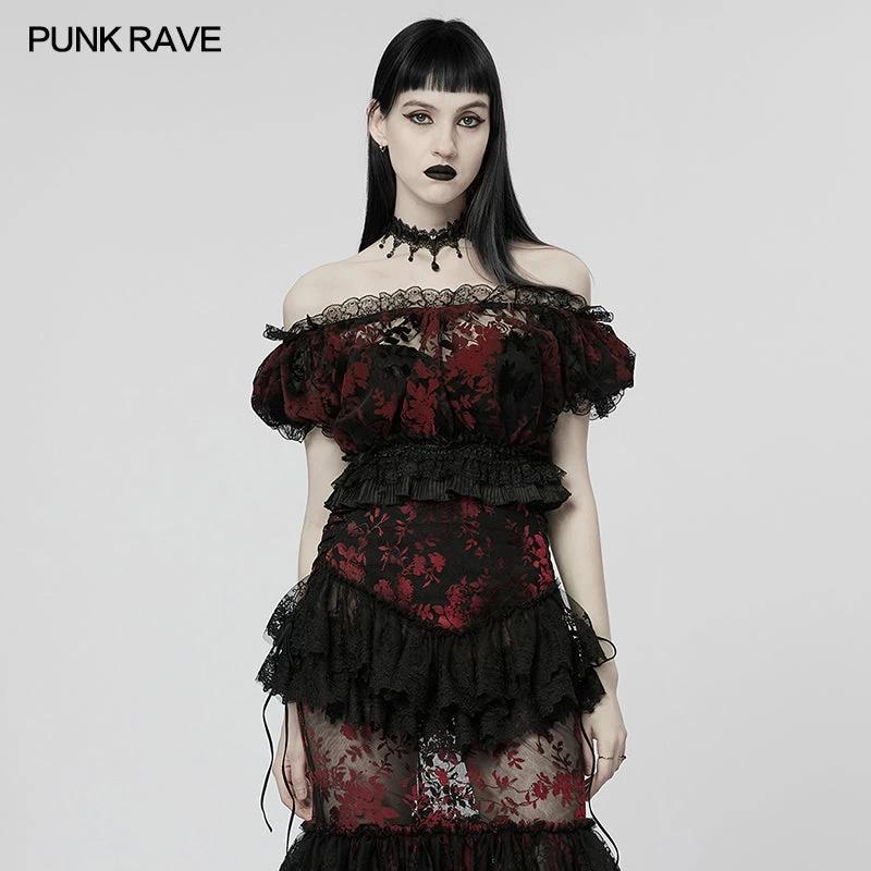 Gothic Off Shoulder Ruffles Sheer Shirt - Black & Red - Image 2