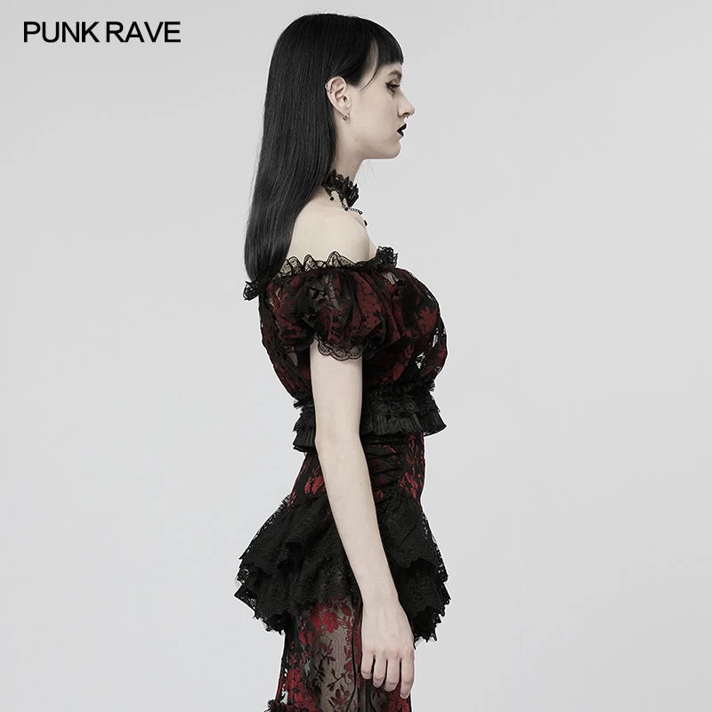 Gothic Off Shoulder Ruffles Sheer Shirt - Black & Red - Image 4