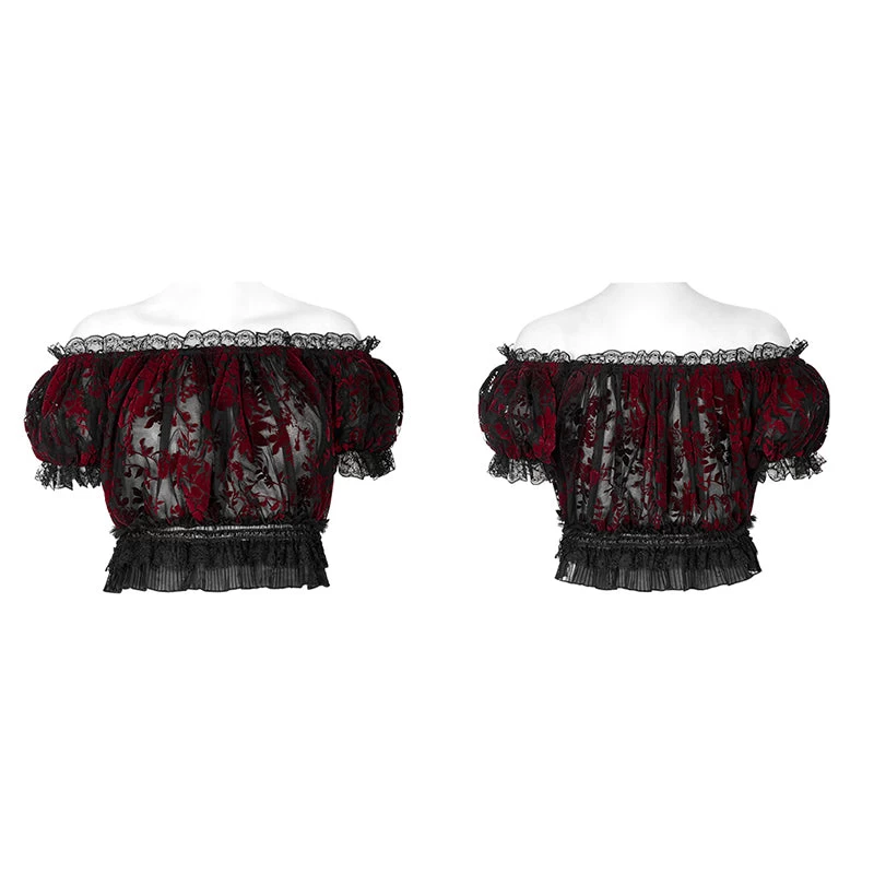 Gothic Off Shoulder Ruffles Sheer Shirt - Black & Red - Image 5