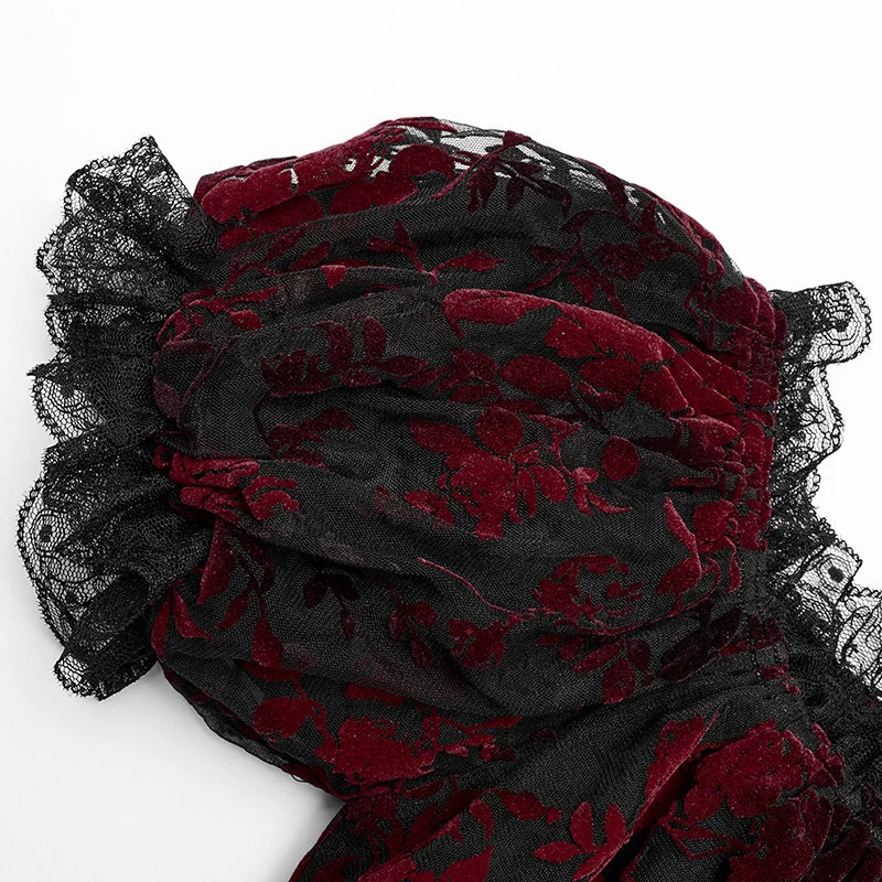 Gothic Off Shoulder Ruffles Sheer Shirt - Black & Red - Image 6