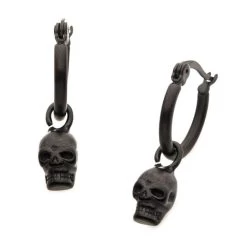Matte Black Plated Hoop With Skull Dangle Earrings