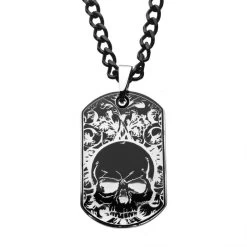 Stainless Steel Black IP Skull Design Dog Tag Pendant And Chain